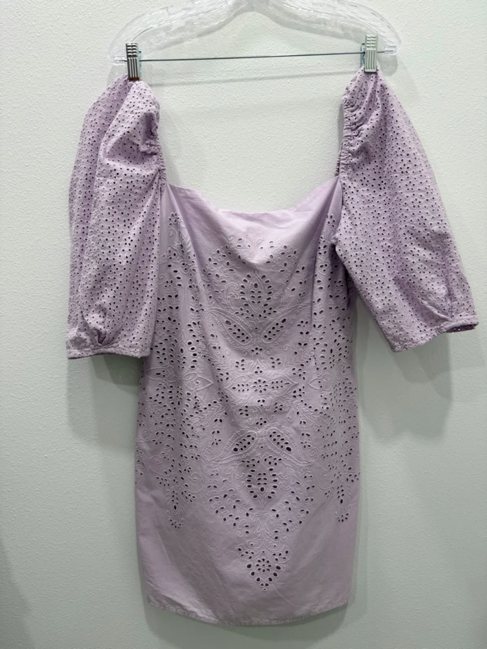 H&M Lilac Eyelet Embroidered Puff Sleeve Mini Dress Square Neck 100%Cotton SizeM - Picture 5 of 7